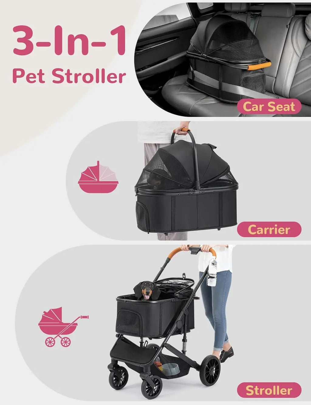 4-Wheel Folding Pet Stroller for Small to Medium Dogs & Cats, Up to 60lbs, with Detachable Carrier & Storage Basket