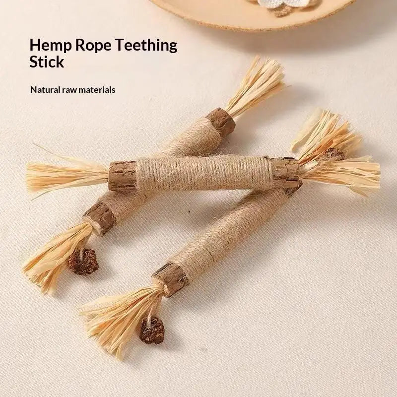 Natural Wood Knotweed Cat Teething Stick Set with Raffia & Sisal Rope