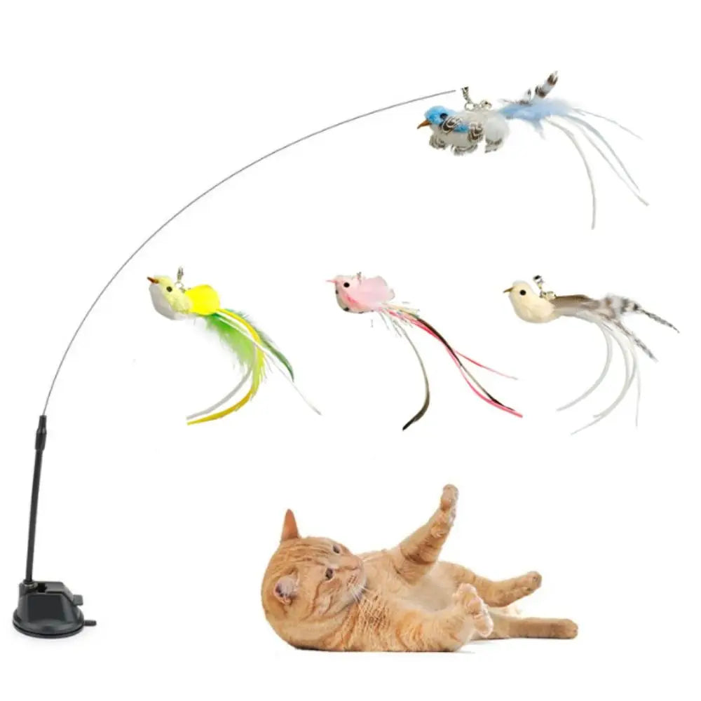 Suction Cup Bird Head Cat Teaser Wand — Plush Simulated Bird Stick Interactive Cat Toy