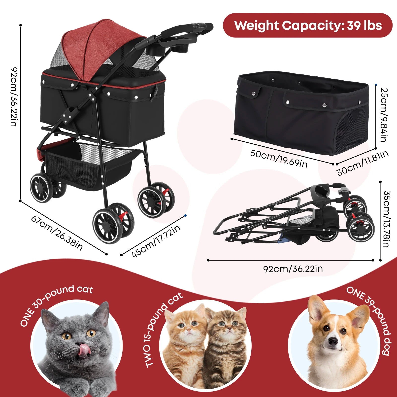Portable Foldable Pet Stroller with Canopy (Small Dogs & Cats)