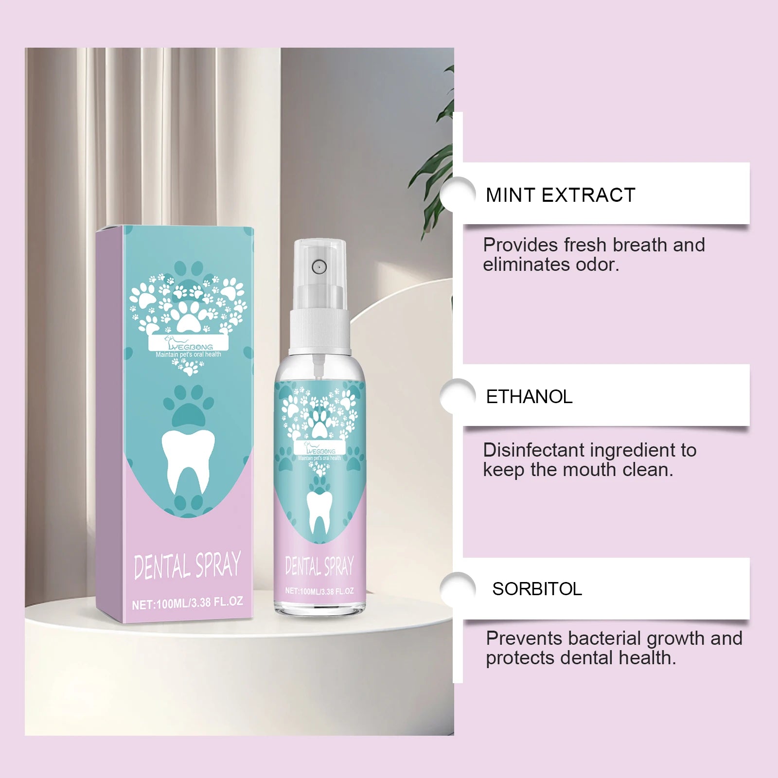 YEGBONG Pet Dental Care Spray with Gentle Plaque Removal Hypoallergenic Teeth Stain Control Formula for Dogs and Cats Sensitive