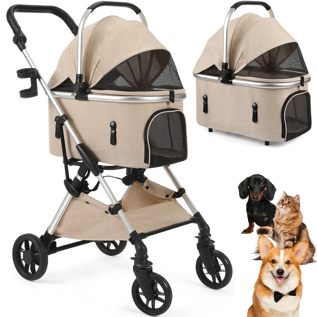 4-Wheel Pet Stroller with Detachable Carrier (Foldable, up to 50lbs)
