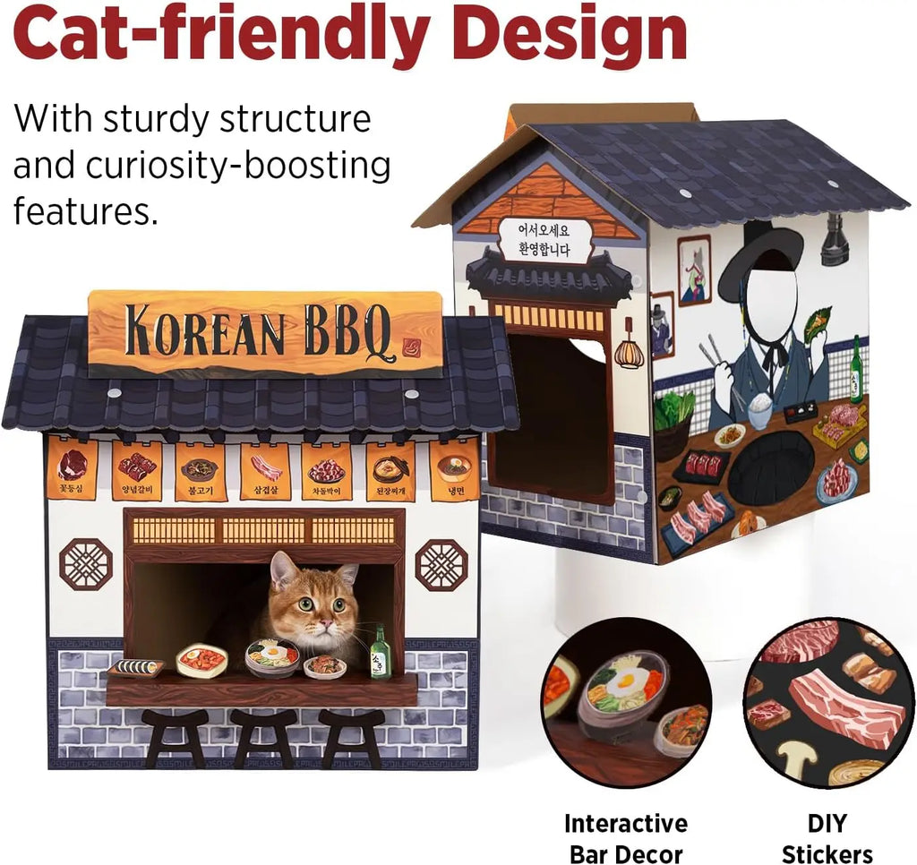 Large Cardboard Cat Cave House with Scratcher (Korean BBQ Design)