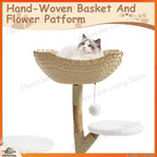 Real Wood Modern Cat Tree Tower with Wicker Condo & Scratching Post