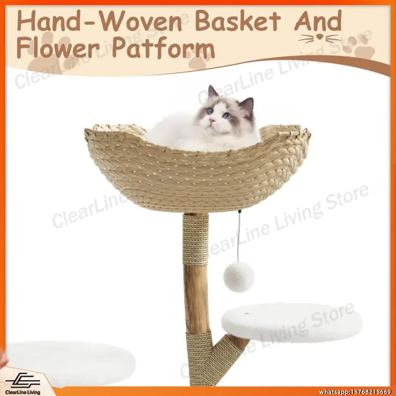 Real Wood Modern Cat Tree Tower with Wicker Condo & Scratching Post