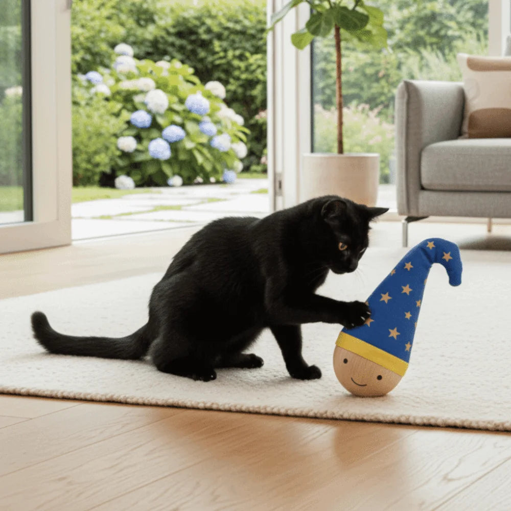 Wood Base Self-Balancing Turkey Feather Cat Tumbler — Bite-Resistant Cartoon Interactive Pet Training Toy