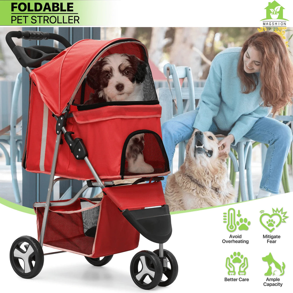 Magshion 3 Wheels Pet Dog Cat Stroller for Small Medium Dogs Cats, Foldable Jogger Stroller w/Storage Basket and Cup Holder