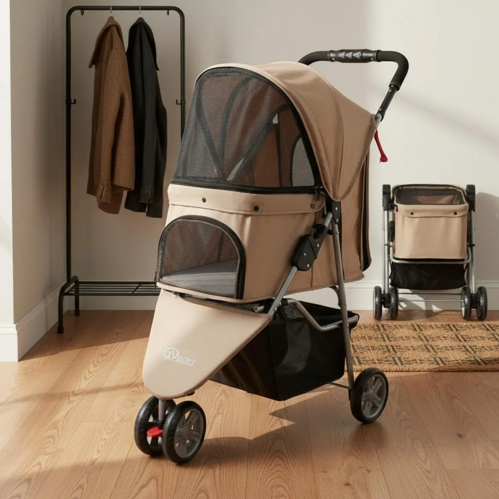 3-Wheel Pet Pet Carriage Foldable Folding Dog Pet Carriage Lightweight Cat Carrier Breathable Mesh Single-Button Fold
