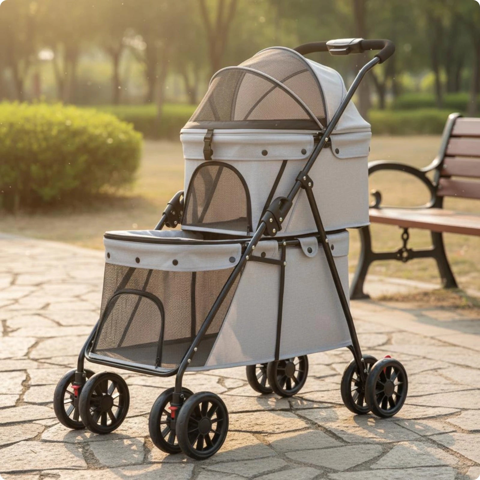 Double Layer Dog Feline Stroller Easy to Fold Double Deck Pet Stroller Breathable Mesh for Travel