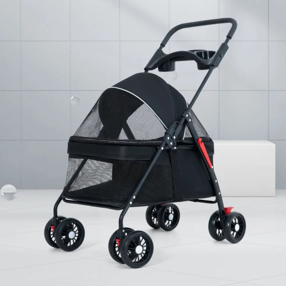 Foldable Pet Stroller for Dogs Cats 4 Wheels Breathable Mesh Dog Carrier with Cup Holder Lightweight Travel Puppy Pushchair
