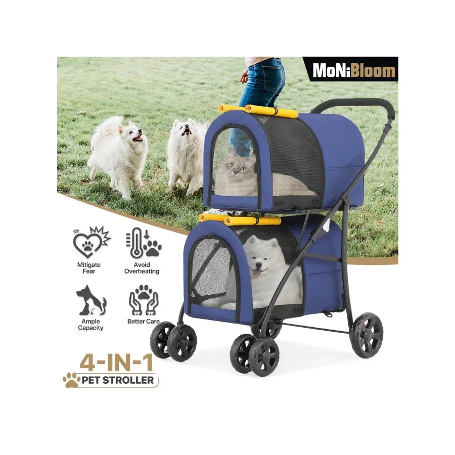 【New style】MoNiBloom Double Dog Stroller With Detachable Carrier Bags Large 4 Wheels Foldable Jogger For Rabbit Bunny Dogs Cats