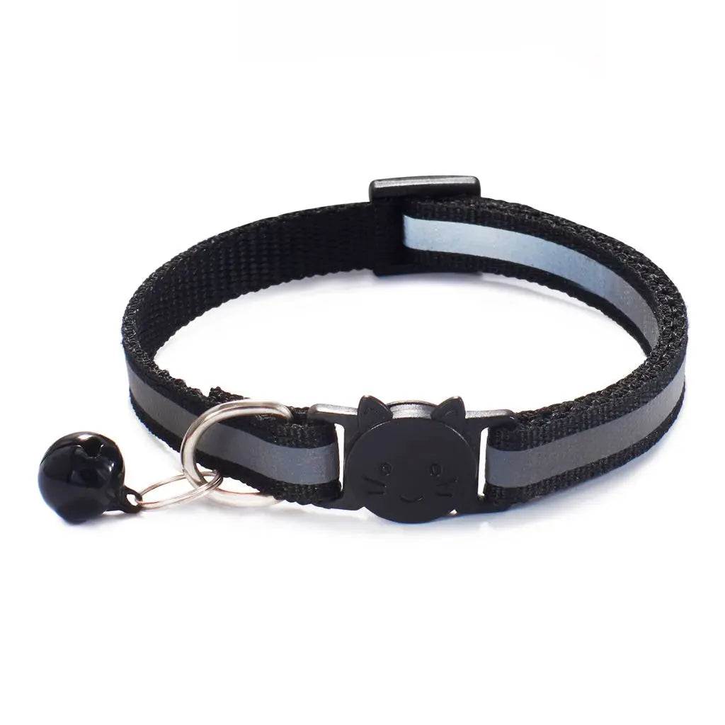 Reflective Cat Head Pattern Cat Collar with Bell — Adjustable Decorative Kitten Neck Strap