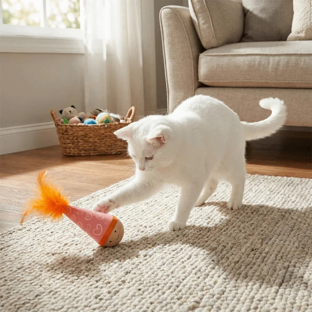 Wood Base Turkey Feather Cat Tumbler Toy — Bite-Resistant Self-Righting Interactive Teeth-Cleaning Teaser
