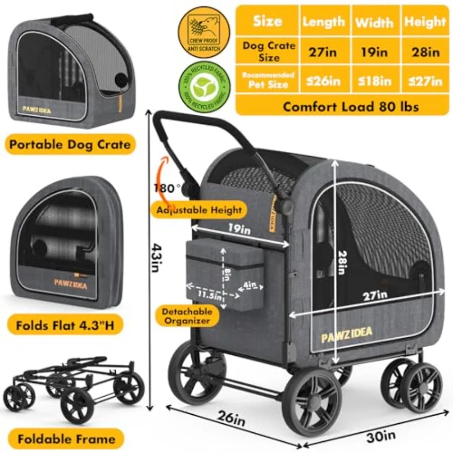 PAWZIDEA 3-in-1 Large Dog Stroller with Detachable Carrier up to 80lbs Portable Dog Car Crate and Travel Kennel Foldable Pet St