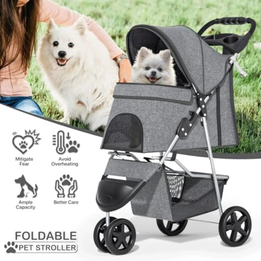 MoNiBloom 3 Wheels Pet Dog Cat Stroller for Small Medium Dogs and Cats, Lightweight Foldable Jogger Stroller w/Storage Basket a
