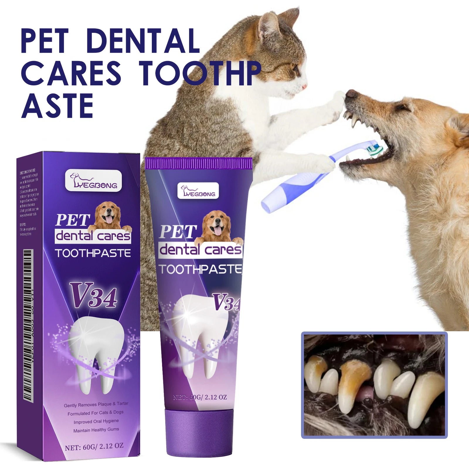 V34 Pet Toothpaste Gentle Plaque Tartar Remover Fresh Breath Gum Health for Cats Dogs Daily Dental Care 60g