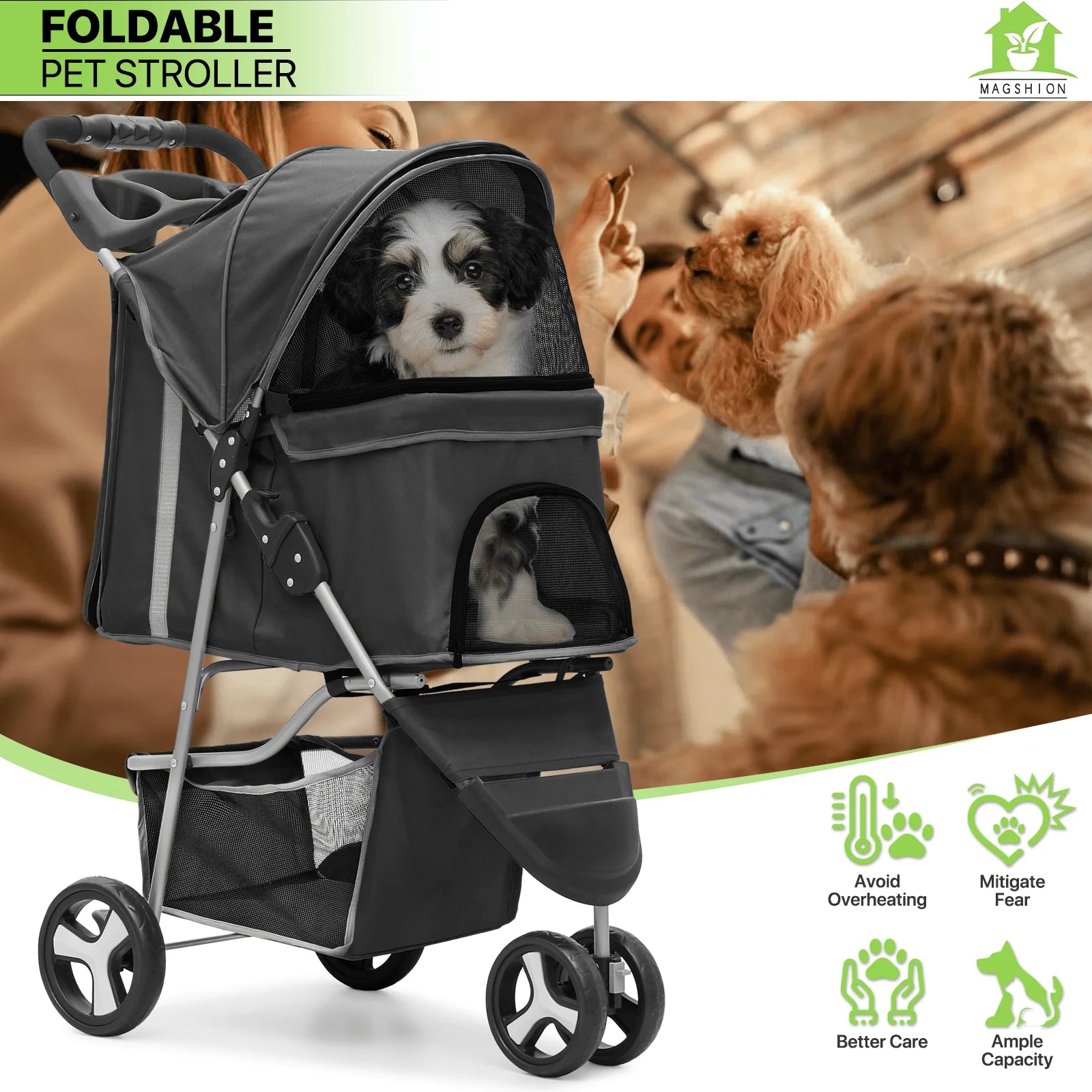 Magshion 3 Wheels Pet Dog Cat Stroller for Small Medium Dogs Cats, Foldable Jogger Stroller w/Storage Basket and Cup Holder