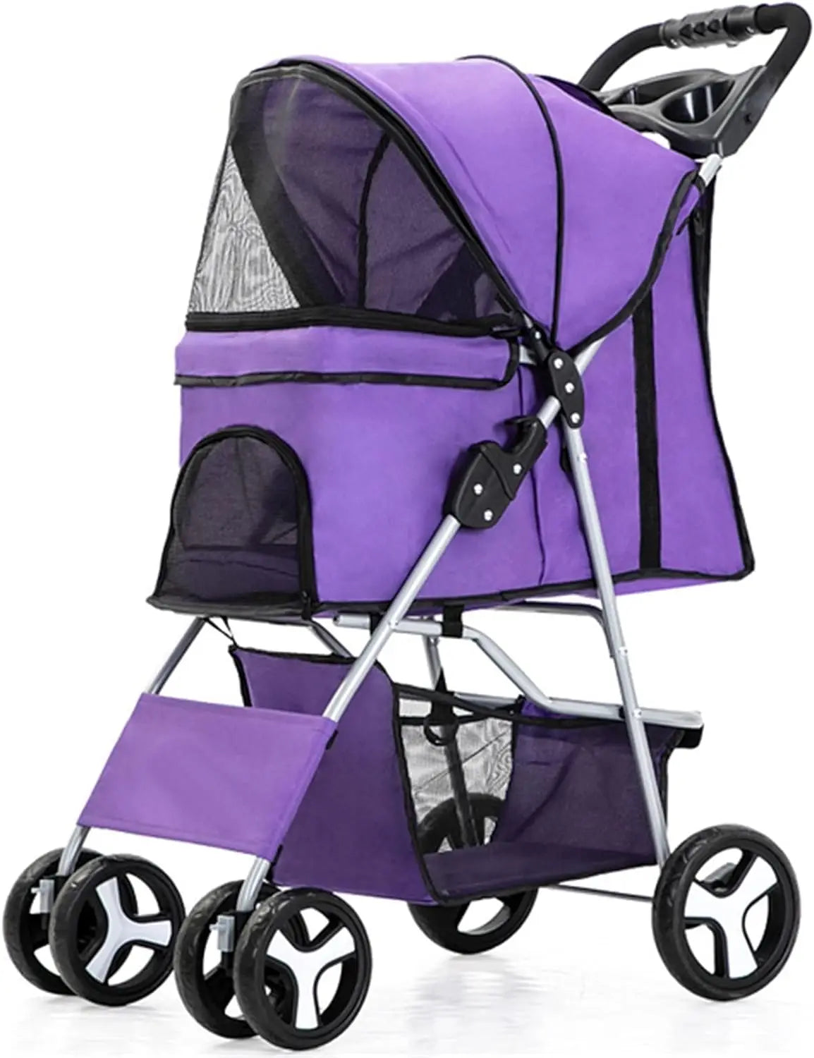 4-Wheel Pet Jogger Stroller with Cup Holder & Storage Basket - Travel Pushchair for Small & Medium Dogs & Cats