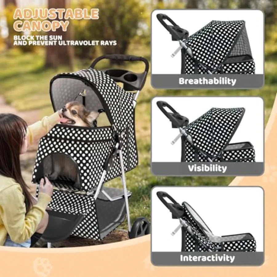 3-Wheel Pet Stroller, Foldable Travel Jogger for Small Medium Dogs Cats Up to 33lbs,Lightweight Carrier with Breathable Mesh Co