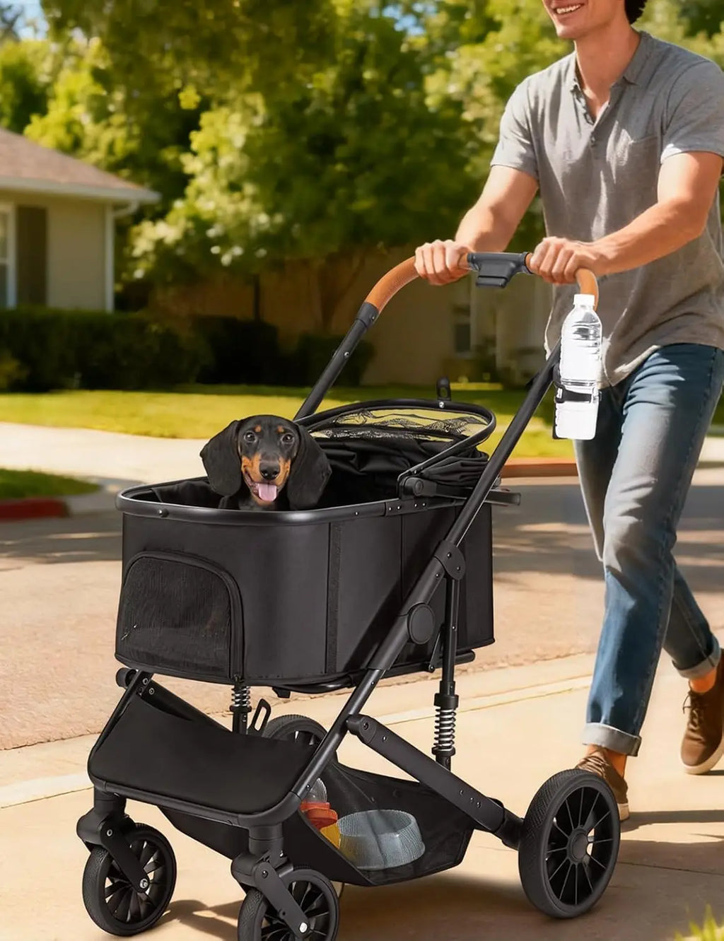 4-Wheel Folding Pet Stroller for Small to Medium Dogs & Cats, Up to 60lbs, with Detachable Carrier & Storage Basket