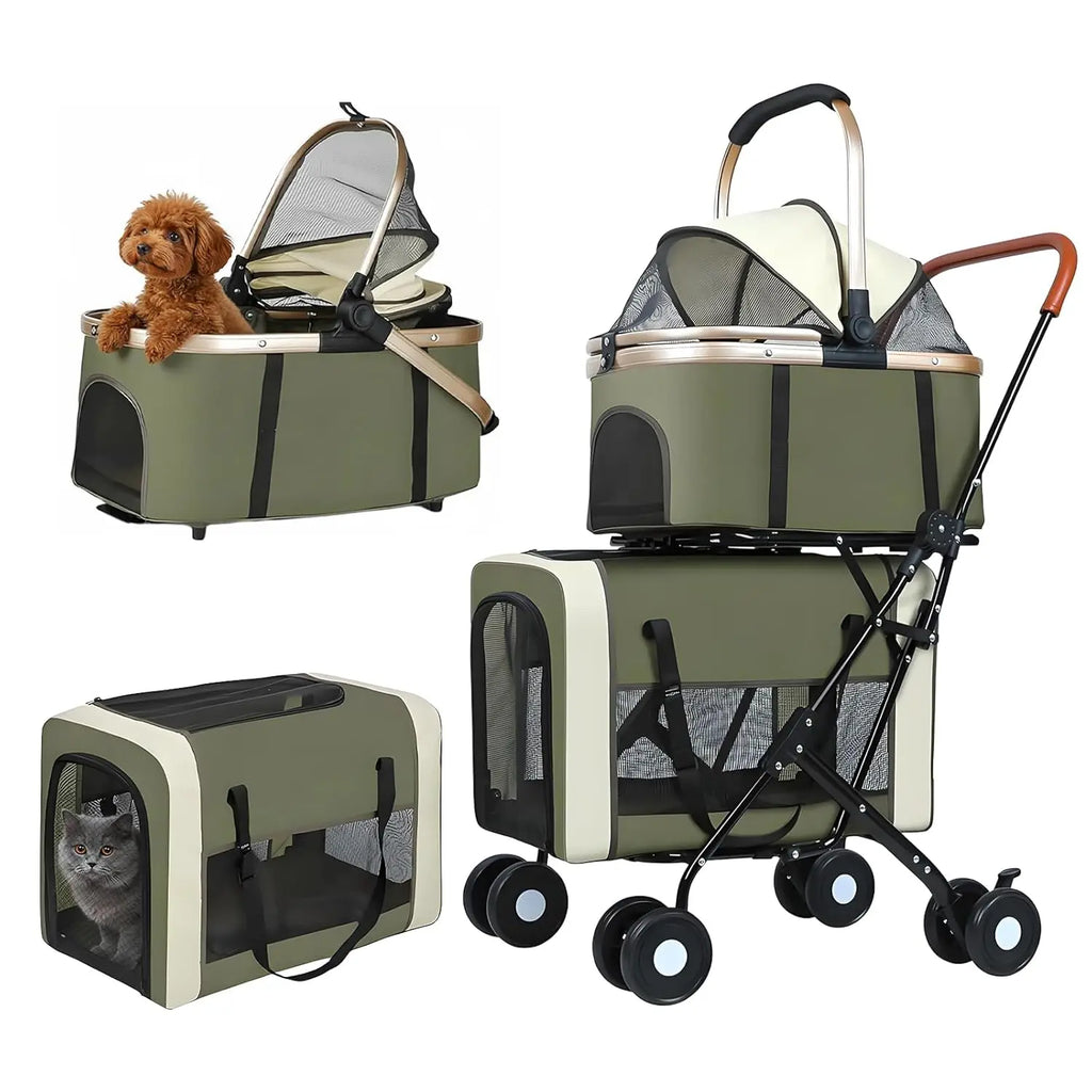 Double Pet Stroller for 2 Dogs & Cats - Foldable Travel Carriage with Detachable Carriers, Safety Belts & 4 Lockable Wheels