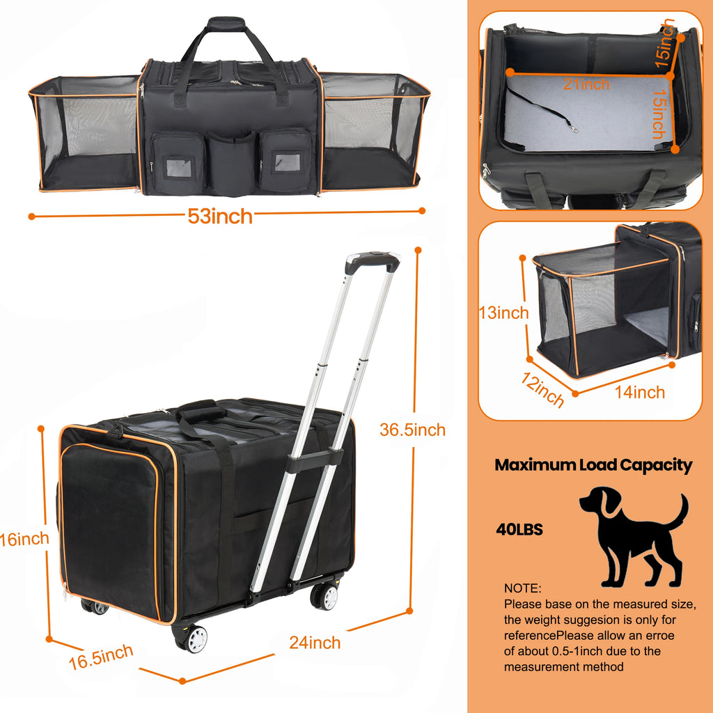 2 in 1 Large Cat Carrier for 2 Cats, Rolling Pet Carrier with Wheels, Expandable Foldable Double Pet Carrier with Removable Divider, Breathable Mesh Oxford, Cat Travel Crate for Car/Camping/Vet, Black