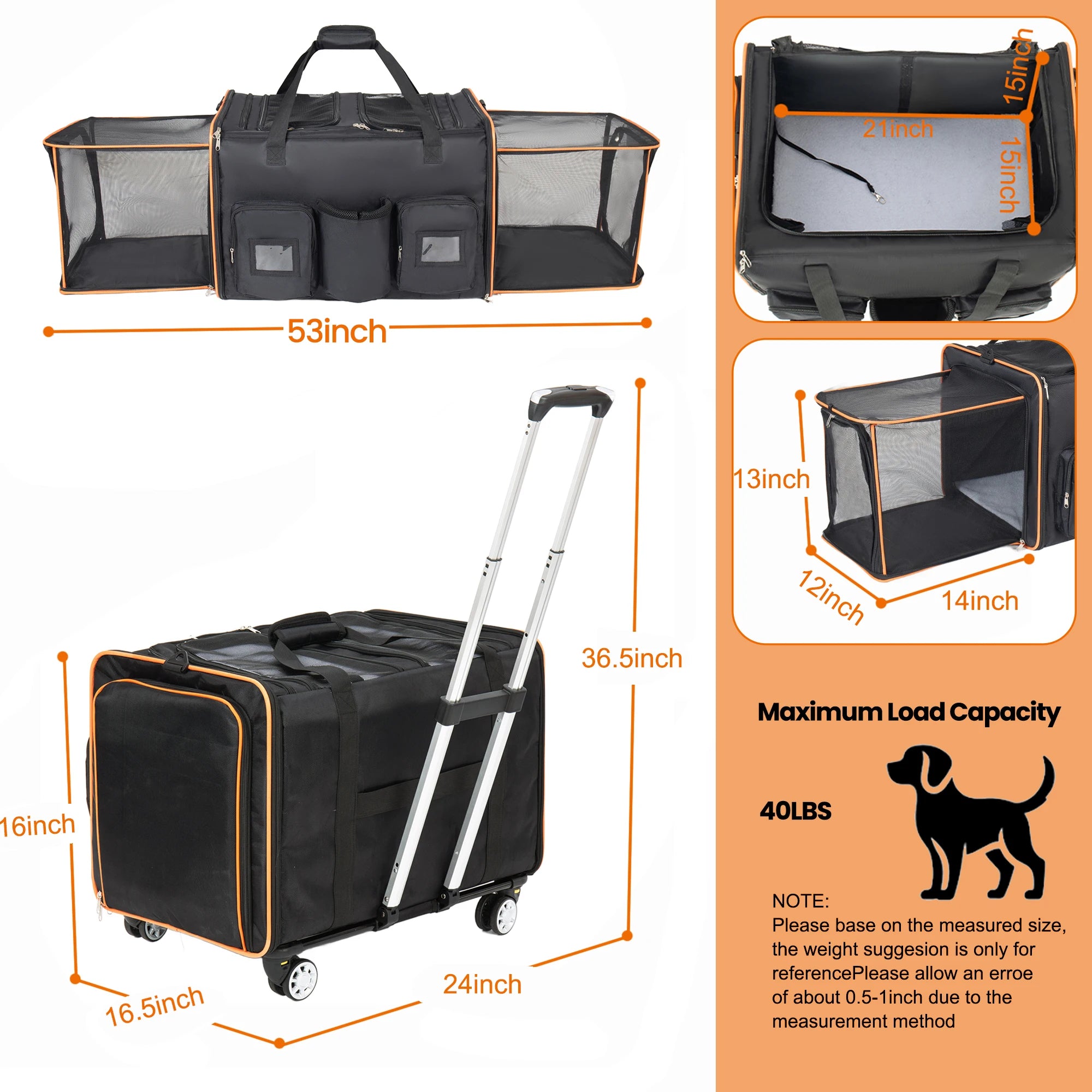 2 in 1 Large Cat Carrier for 2 Cats, Rolling Pet Carrier with Wheels, Expandable Foldable Double Pet Carrier with Removable Divider, Breathable Mesh Oxford, Cat Travel Crate for Car/Camping/Vet, Black