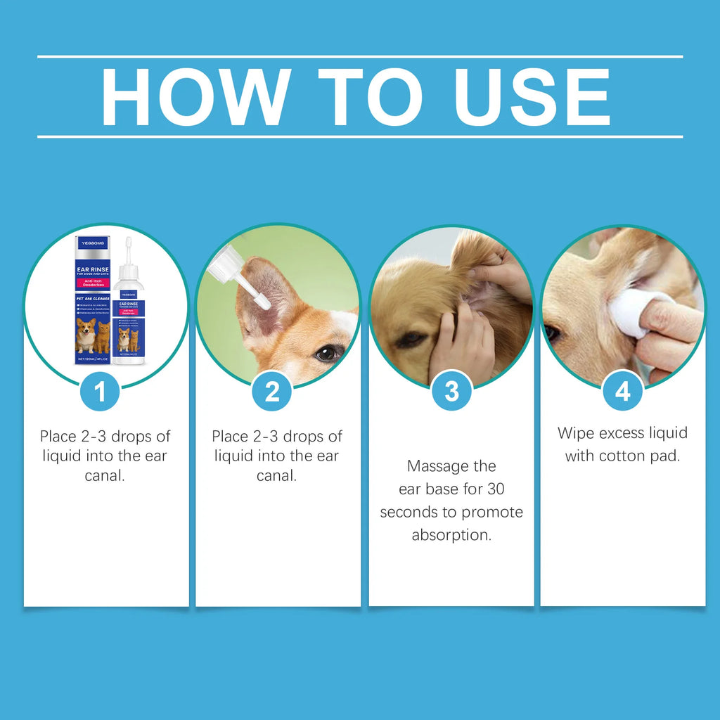 Pet Ear Cleaner For Dogs & Cats, Gentle Ear Care Solution Helps Remove Wax & Odor Cleansing Dirt Soothing Pet Ear Care Sol 120ML