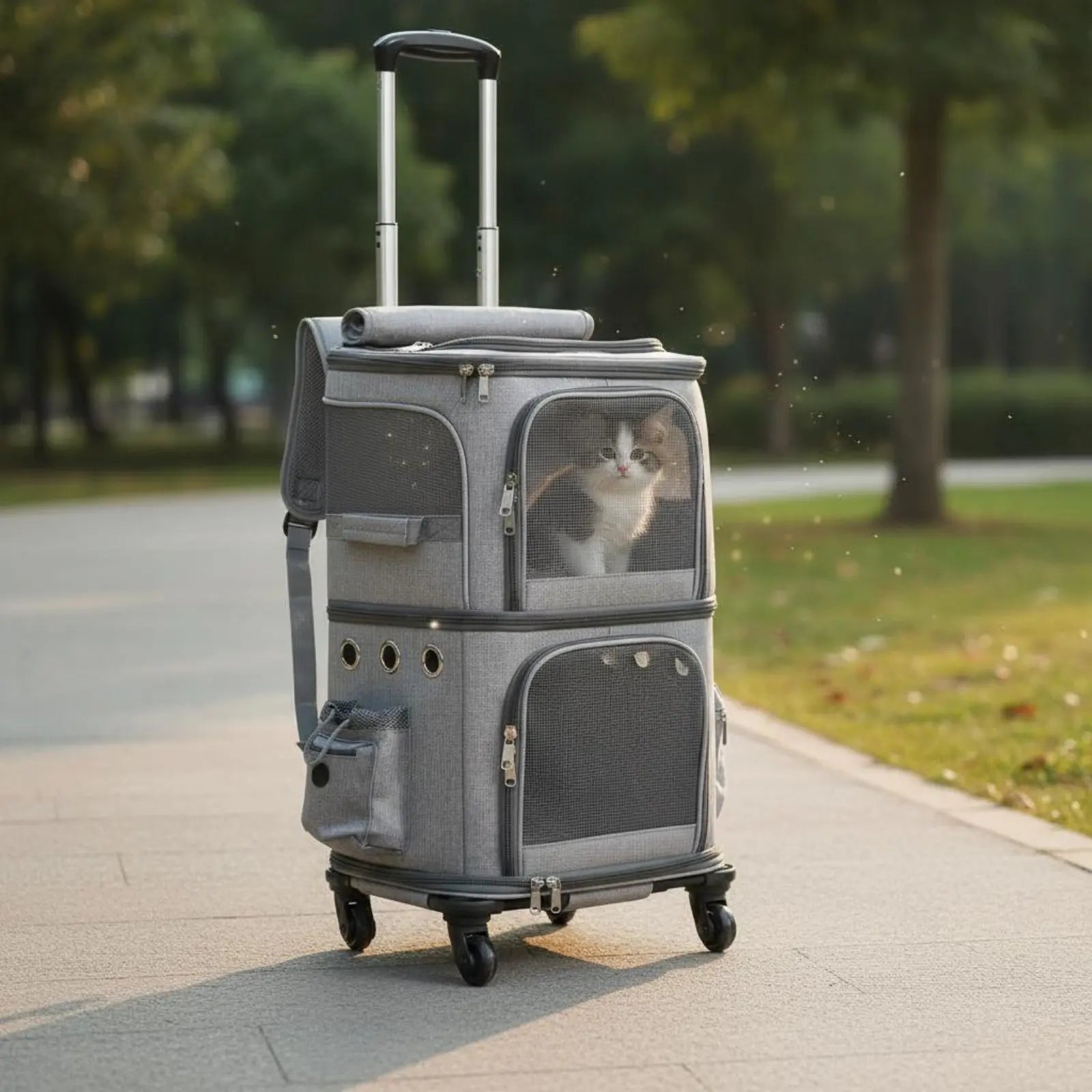 Double-Deck Pet Carrier Breathable Pet Trolley Bag Feline Travel Carrier Telescopic Handle Dog Travel Bag Side Pockets