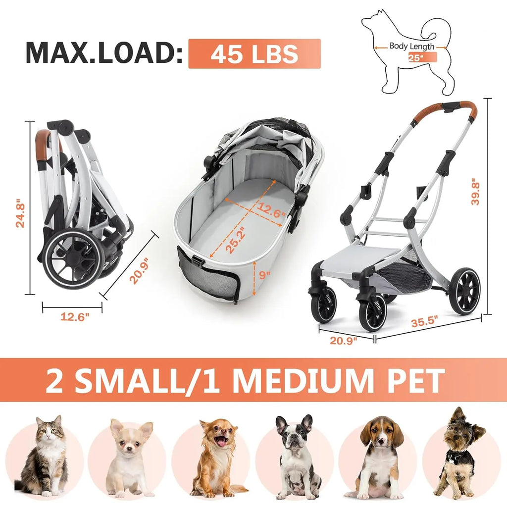 Pet Travel: 3 - in - 1 Foldable Stroller with Detachable Carrier, Storage Basket and Pet Pad, Safe for Outings, Khaki