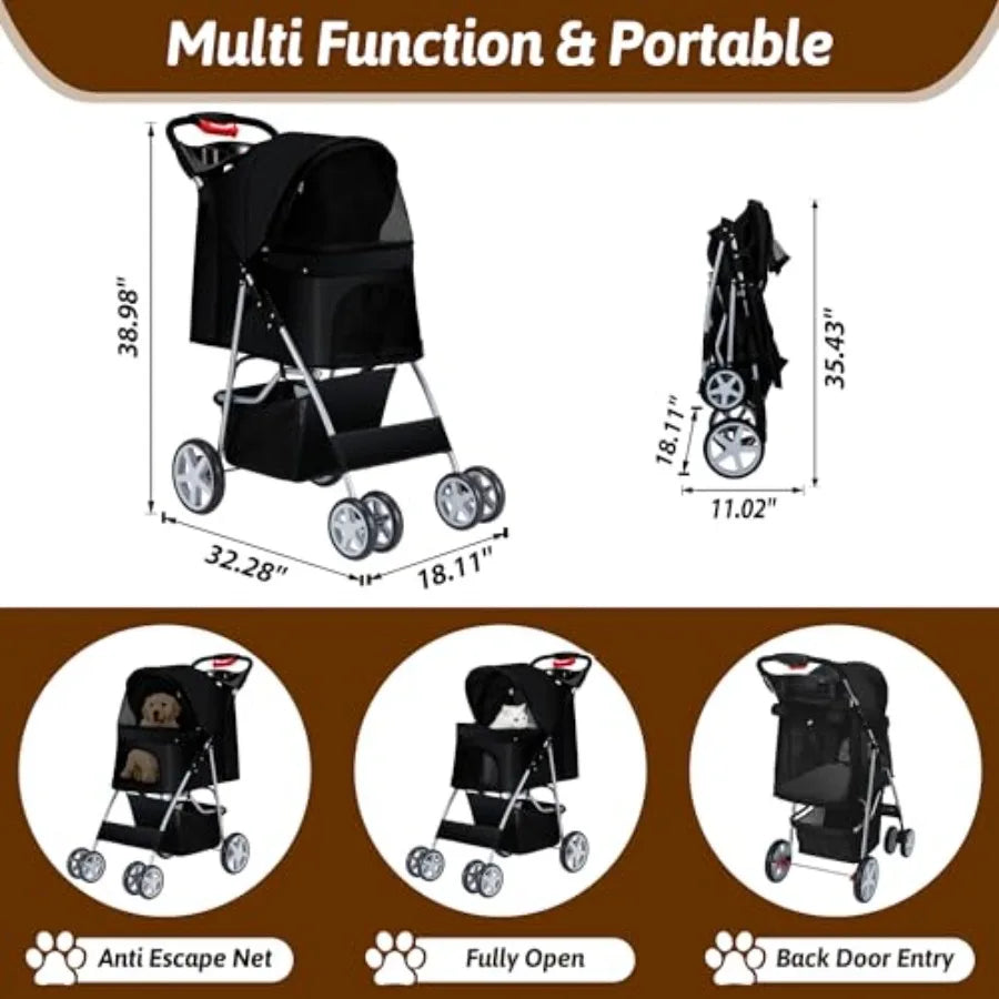 Pet Stroller, 4 Wheels Pet Strolling Cart for Medium/Small Dogs and Cats, Foldable Cat Jogger/Dog Stroller with Cup Holder, Sto