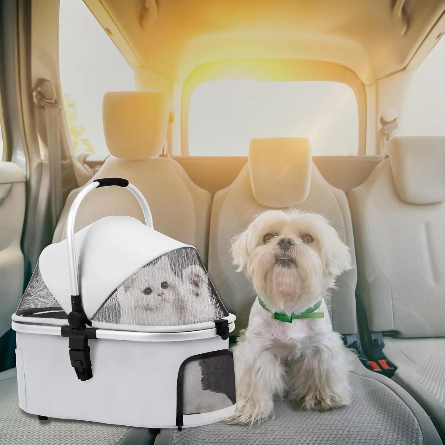 Pet Travel: 3 - in - 1 Foldable Stroller with Detachable Carrier, Storage Basket and Pet Pad, Safe for Outings, Khaki