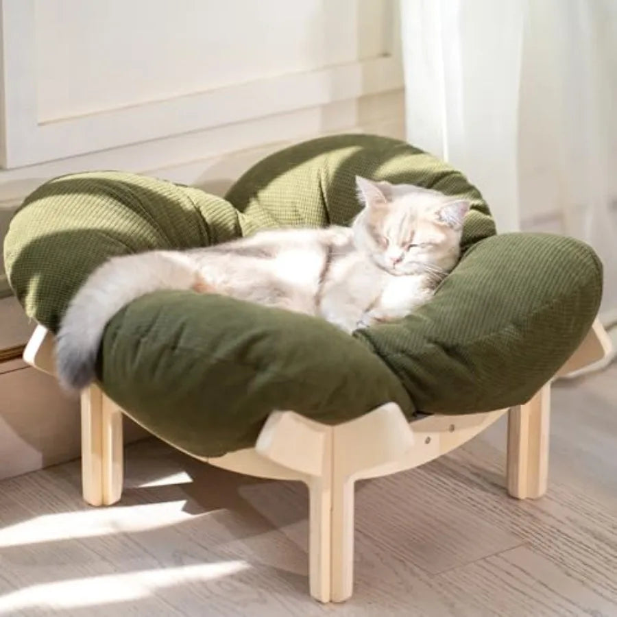 Elevated Wooden Cat Bed with Cushion for Indoor Cats & Small Dogs