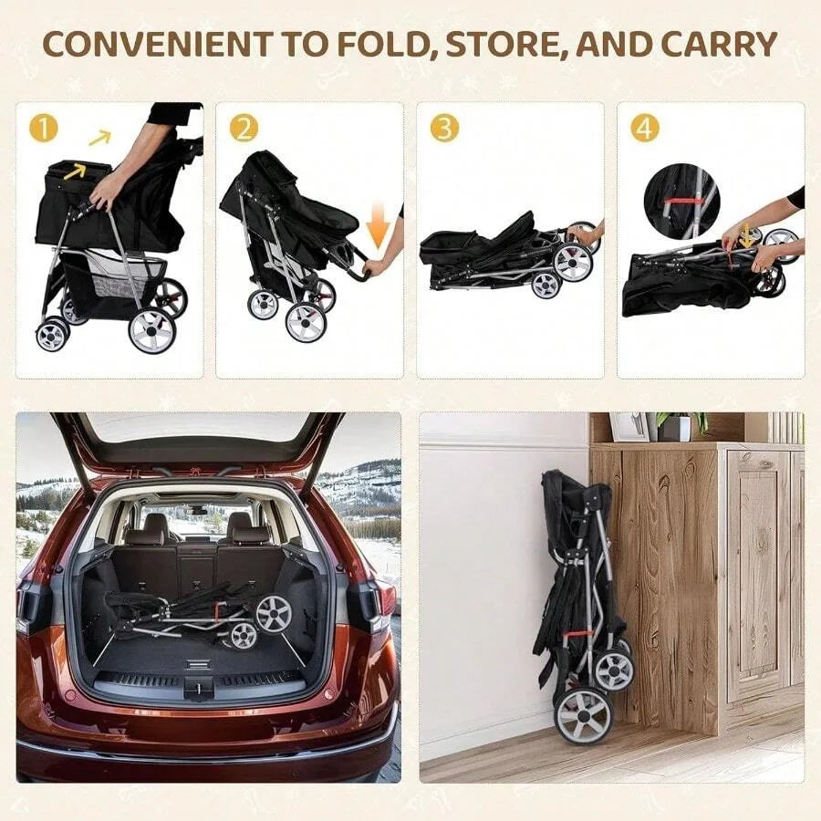 【New style】ZENY Foldable Pet Stroller Cat/Dog Stroller With 4 Wheel Pet Travel Carrier Strolling Cart With Storage Basket Cup H