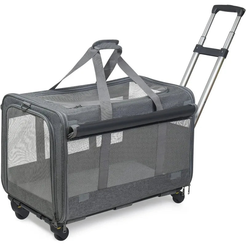 Large Rolling Pet Carrier with Wheels (up to 30lbs, Breathable, Collapsible)