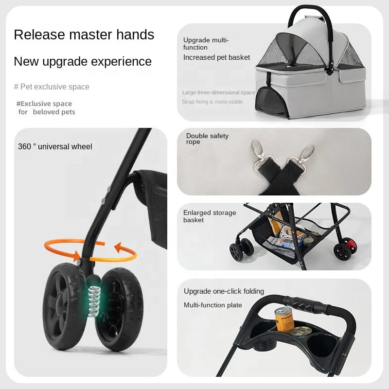 Foldable 4-Wheel Lightweight Eco-Friendly All-Season Pet Stroller Oxford Metal Frame Portable For Small Medium Pets 17kg Maximum