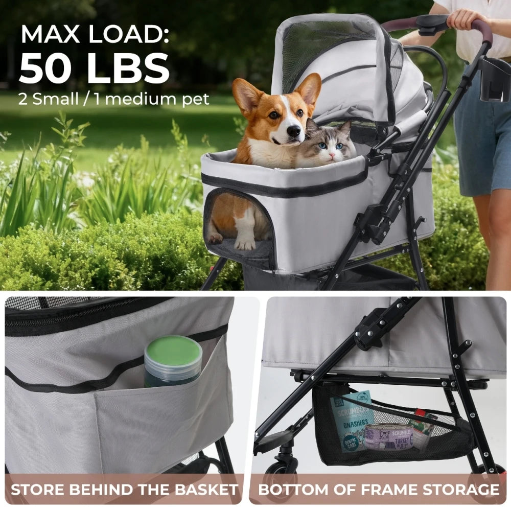 4-Wheel Foldable Pet Stroller for Dogs & Cats with 360° Rotating Wheels, Separable Carrier & Travel Bag for Small Animals