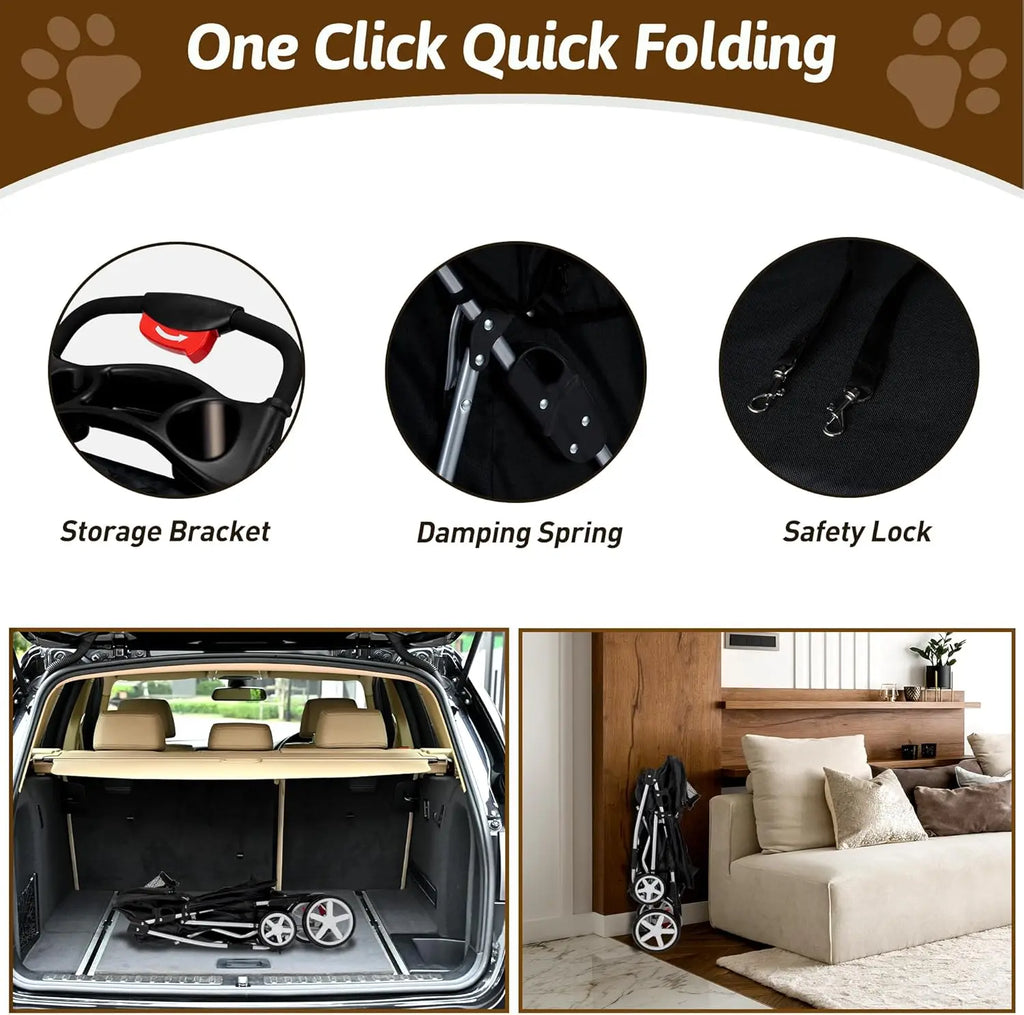 Foldable 4-Wheel Pet Stroller for Small Dogs & Cats, Breathable Mesh, Cup Holder & Storage Basket, Black