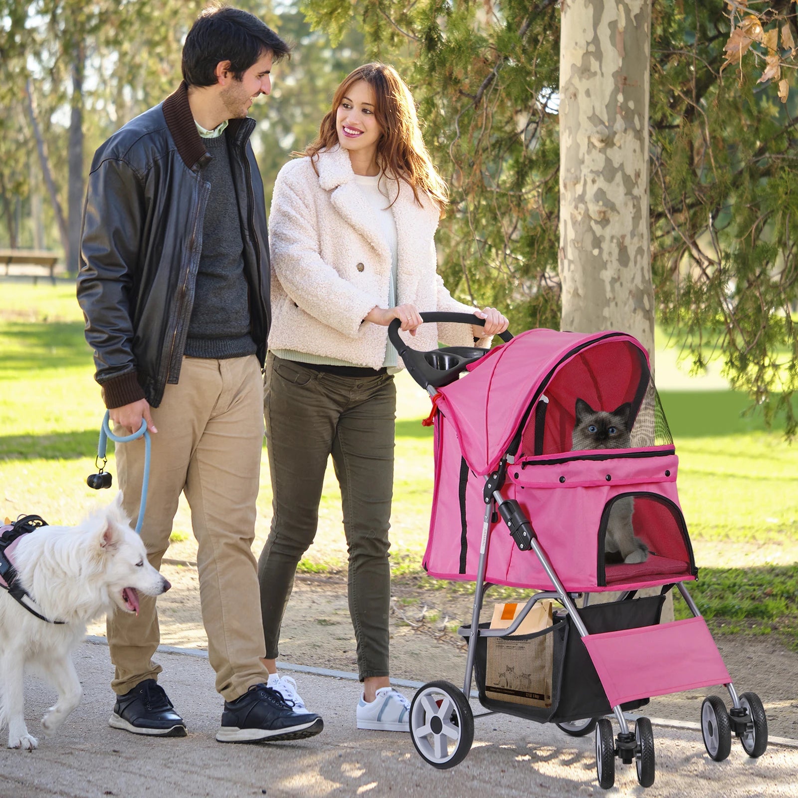 4-Wheel Foldable Pet Stroller with Storage Basket for Dogs & Cats - Lightweight Outdoor Travel Cart