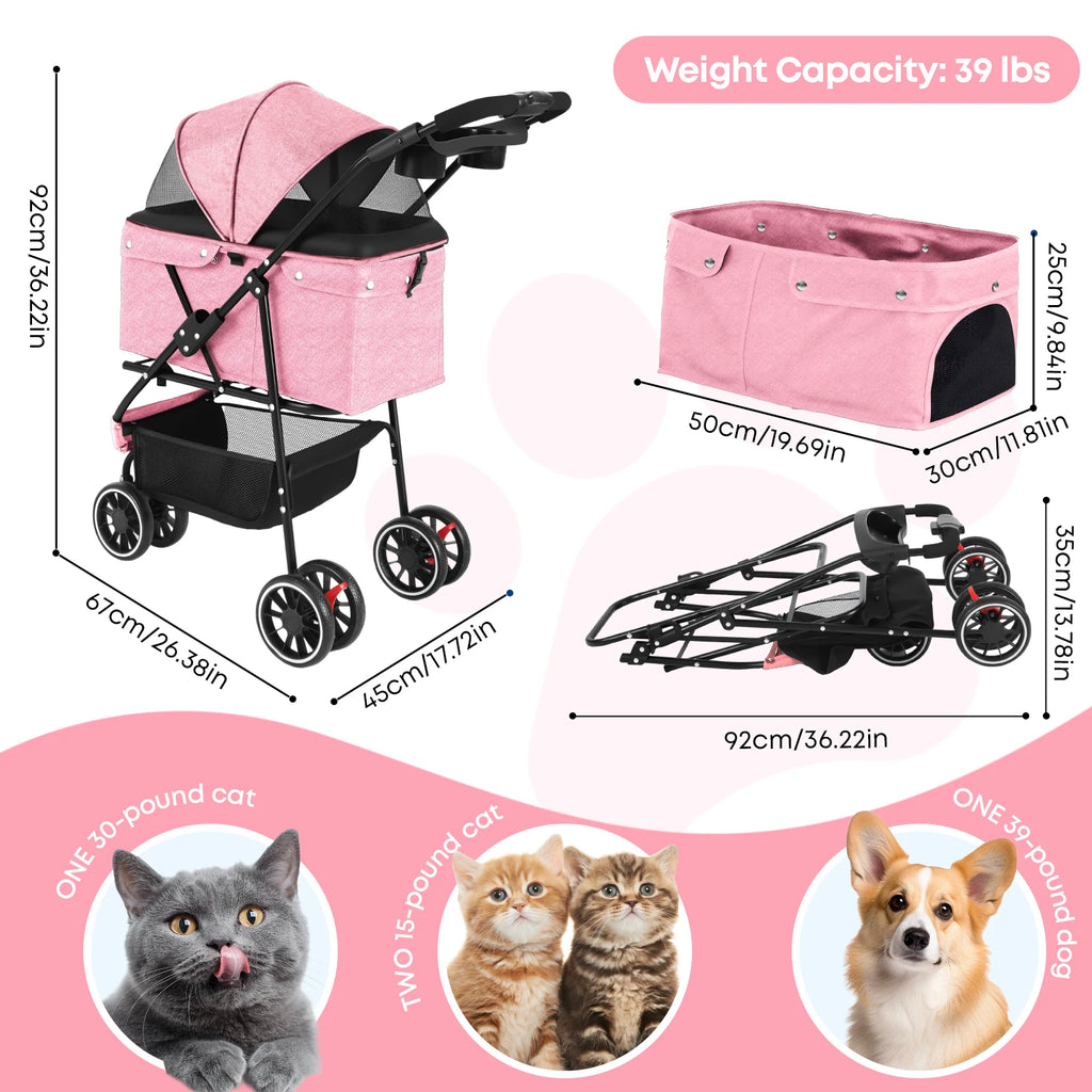 Pet Stroller for Small & Medium Dogs Cats Foldable Stroller with Breathable Mesh Storage Basket  Cup Holders  Travel Pet Carrier