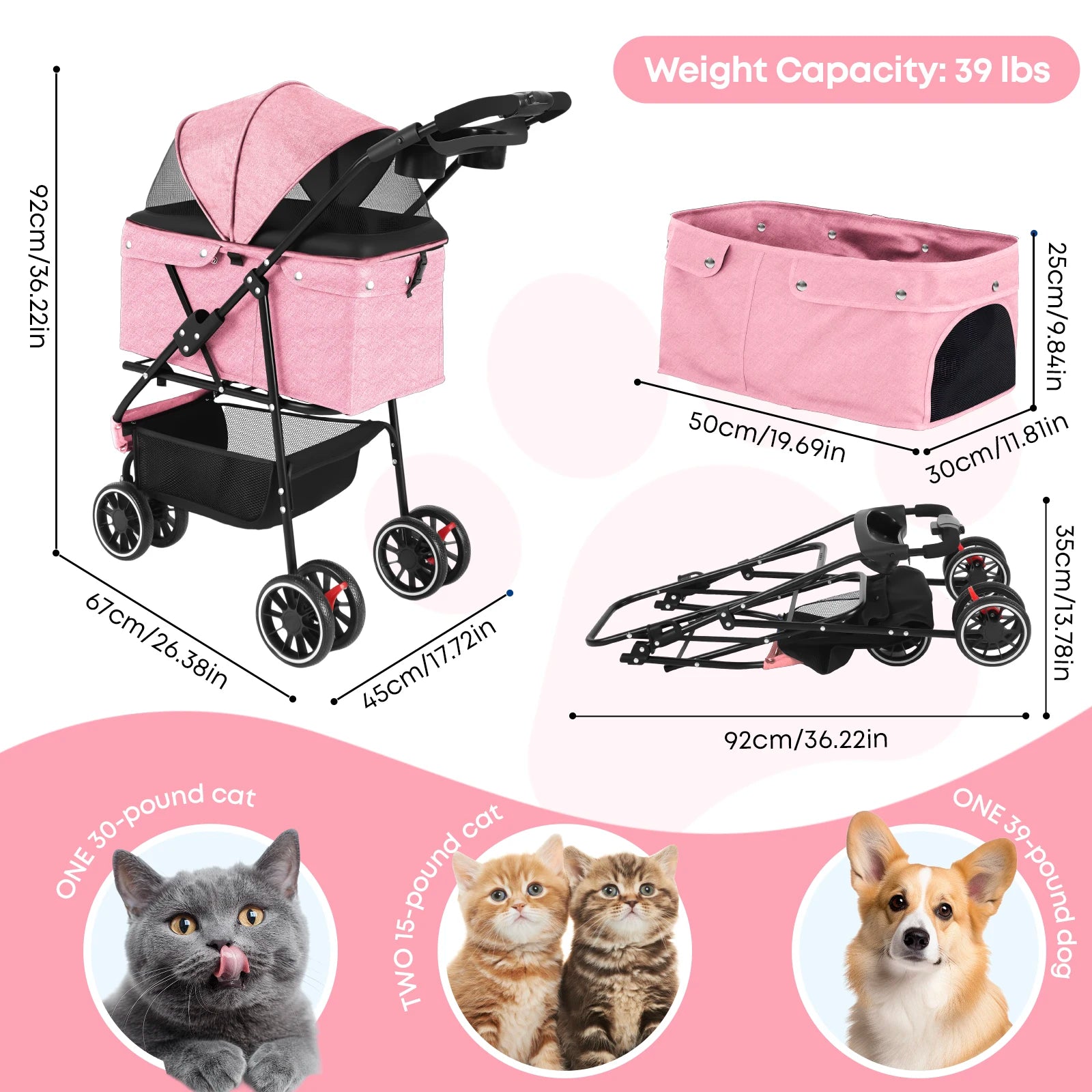 Pet Stroller for Small & Medium Dogs Cats Foldable Stroller with Breathable Mesh Storage Basket  Cup Holders  Travel Pet Carrier