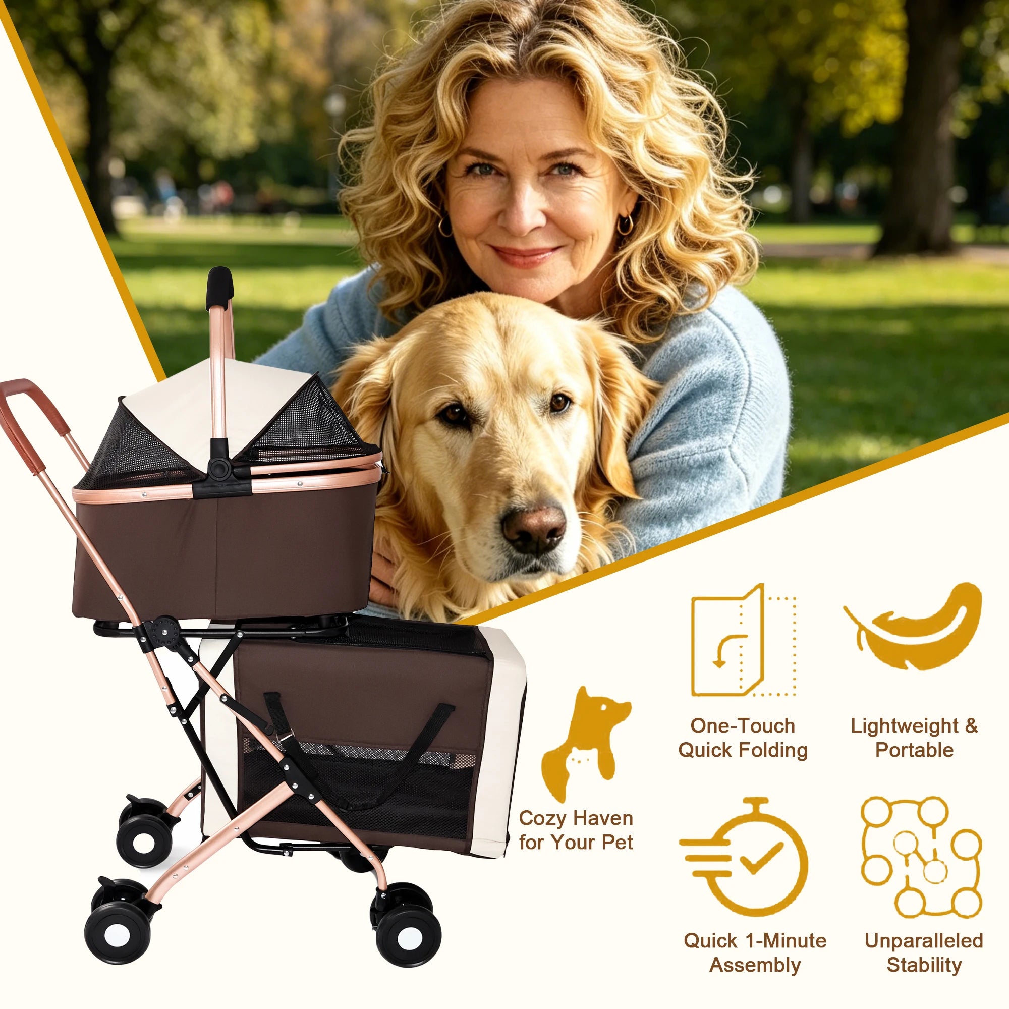 Double Pet Stroller for Dogs and Cats, Foldable Frame, 3-in-1 Convertible Carrier/Tote, Shockproof Wheels, Brake System, Fixed Safety Leashes for Small/Medium Pets in Multi-Pet Homes(Khaki)