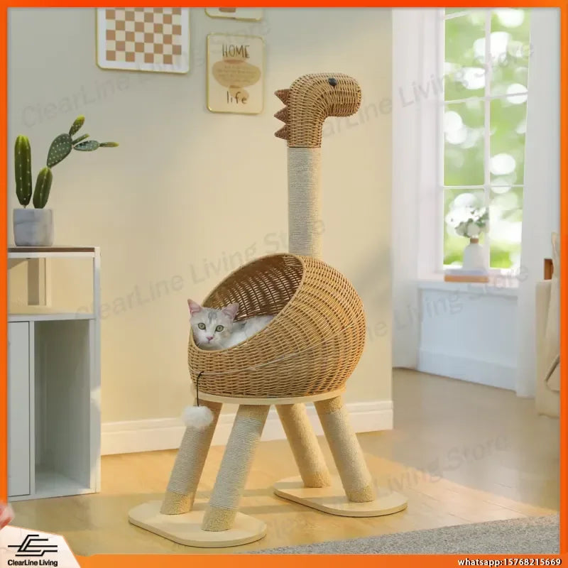 Dinosaur-Themed Rattan Cat Tree with Sisal Scratching Post