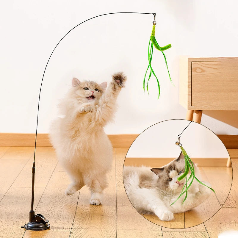 Suction Cup Dogtail Grass Cat Teaser Stick — Detachable Extended Rod Interactive Cat Toy