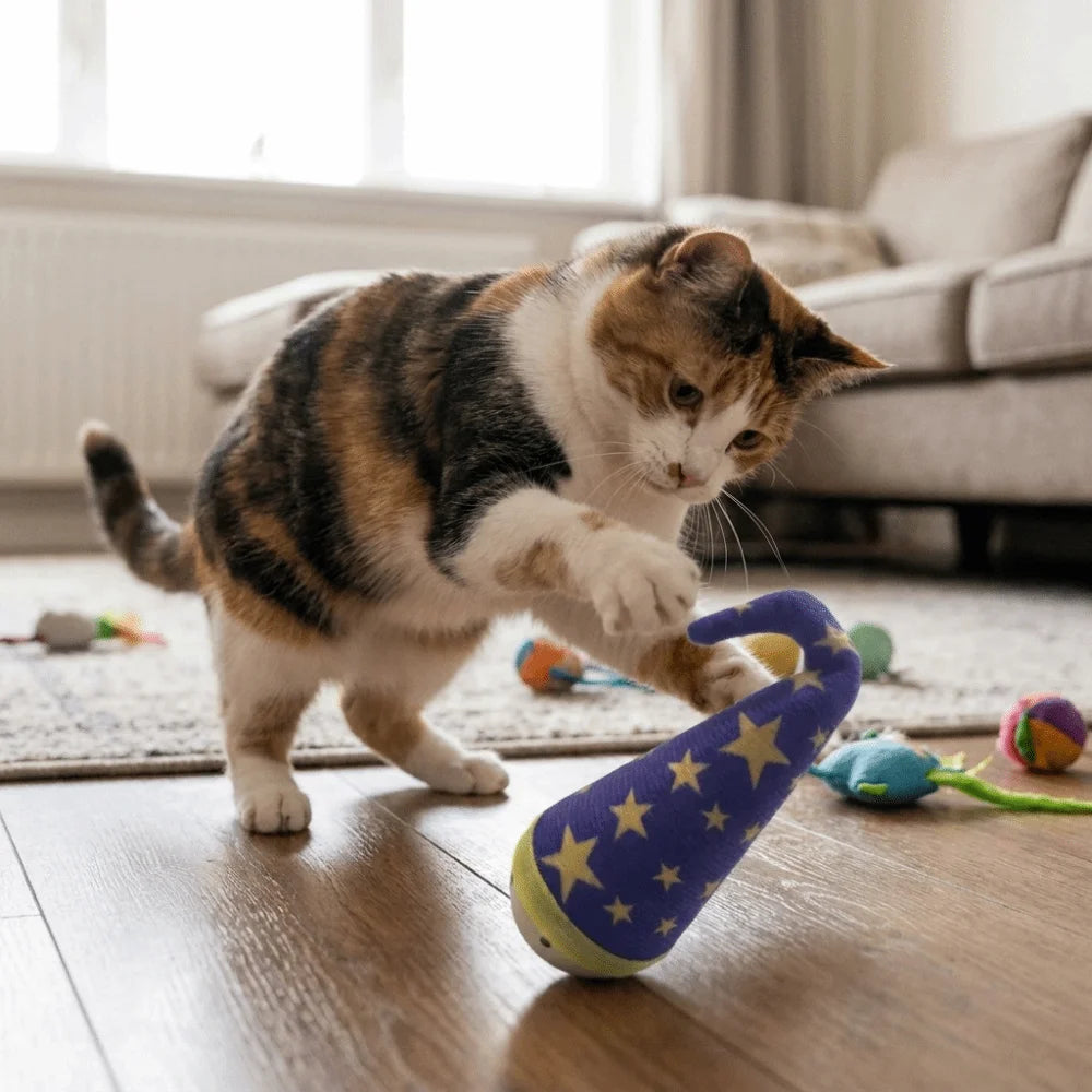 Wood Base Turkey Feather Cat Tumbler Toy — Bite-Resistant Self-Righting Interactive Teeth-Cleaning Teaser