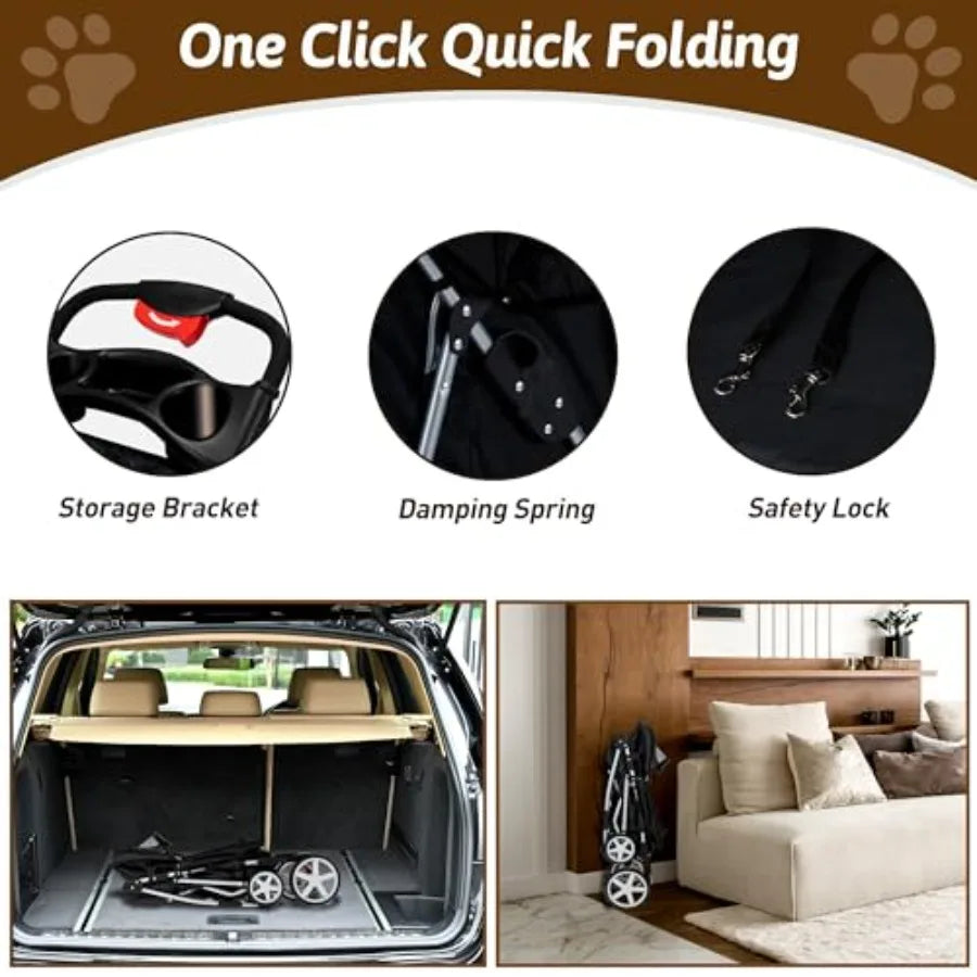 Pet Stroller, 4 Wheels Pet Strolling Cart for Medium/Small Dogs and Cats, Foldable Cat Jogger/Dog Stroller with Cup Holder, Sto