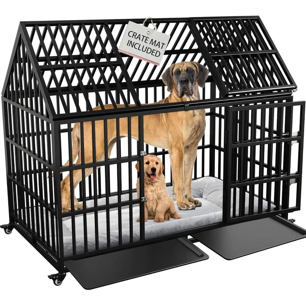 Heavy-Duty XL Dog Crate with Rooftop & Lockable Wheels (54in)