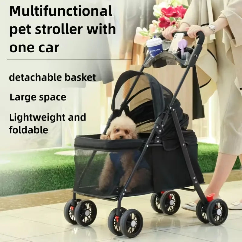 Pet 4 Wheels Dog Cat Stroller Portable Foldable Trolley Pet Carrier Cart Outdoor Travel Dog Cat Cage Stroller with Cup Holder
