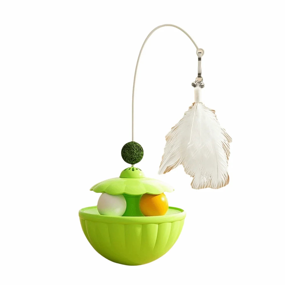 Long Rotating Feather Pole Cat Teaser with Bells & Catnip Treat Dispenser — Indoor Cat Exercise Toy