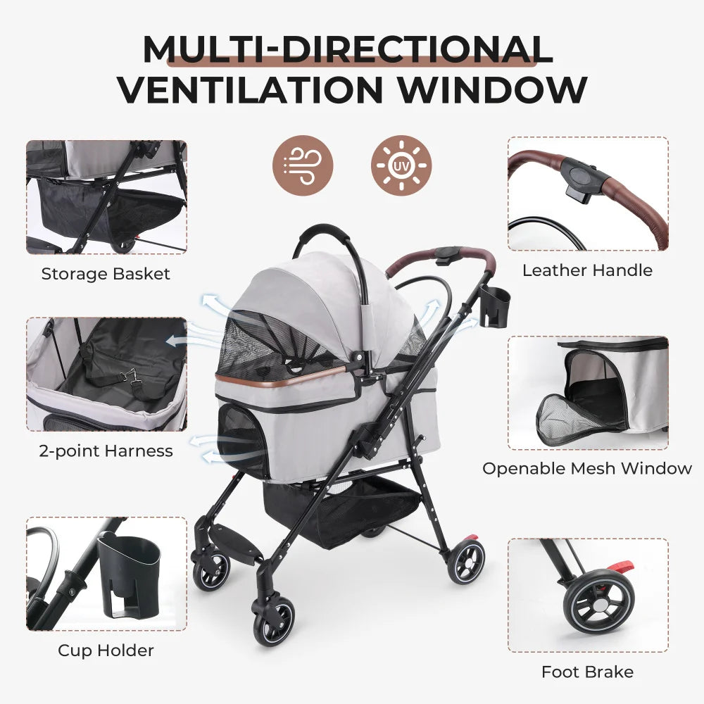 4-Wheel Foldable Pet Stroller for Dogs & Cats with 360° Rotating Wheels, Separable Carrier & Travel Bag for Small Animals